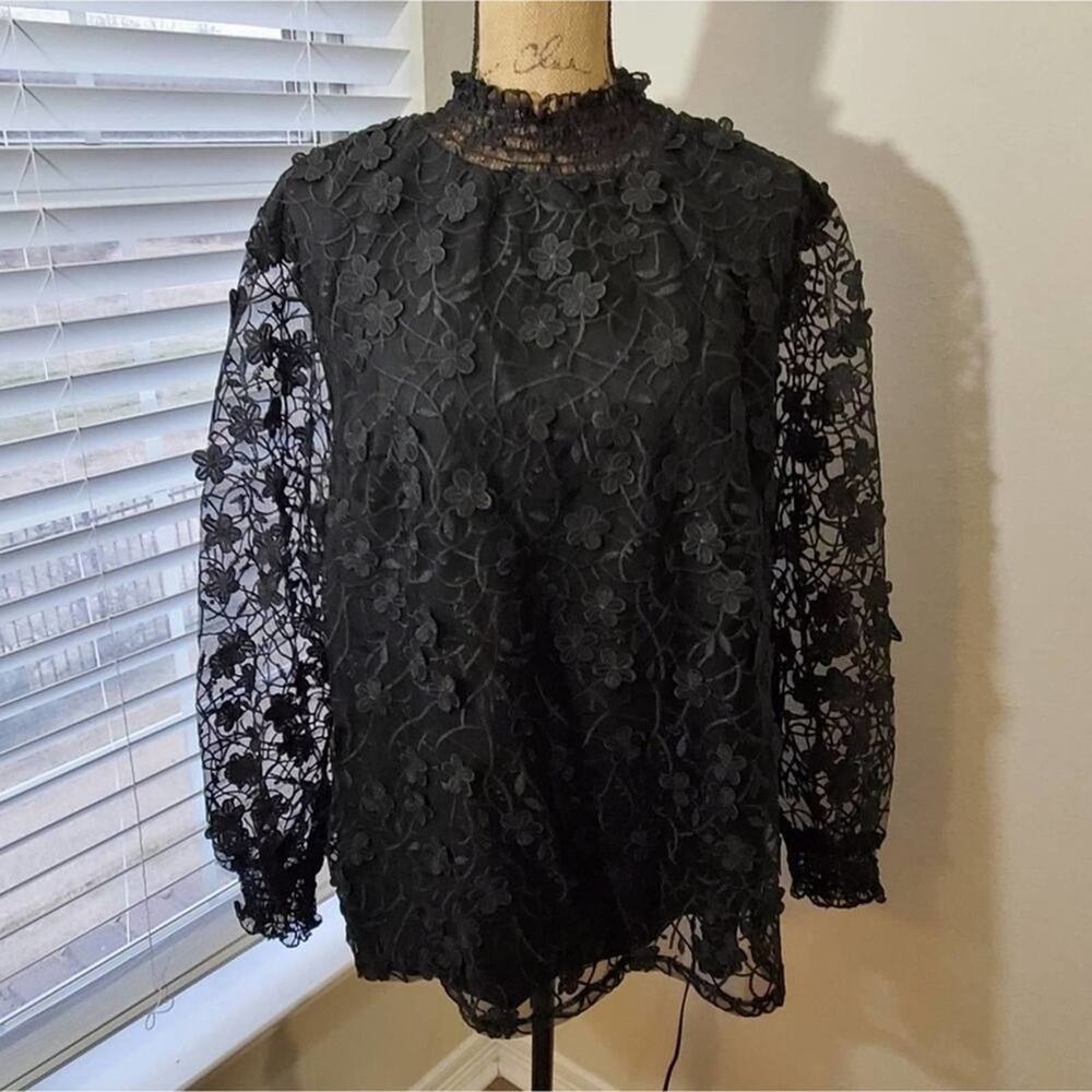 Adiva black floral lace puffed sleeve blouse‎ plus size 2X NEW!!!